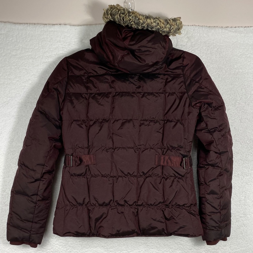 Eddie Bauer Womens Small Burgundy Down Puffer Parka Faux Fur Trim Hood Jacket - Picture 3 of 15